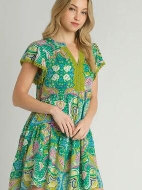 Umgee Boho Cottagecore Patterned Mini Dress with Crochet Accents